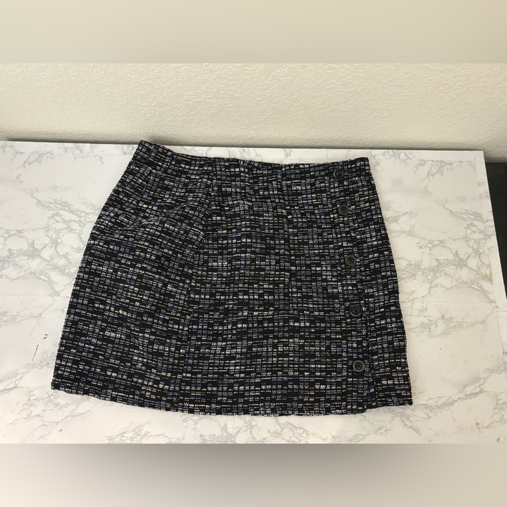 BANANA REPUBLIC Womens Mini Skirt Lined Y2K Black Blue SIZE 12 Tweed Button​